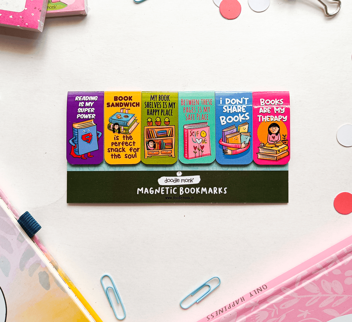 BOOK SOUL MATES Magnetic Bookmarks Pack of 6 Individual – Cute Doodle Page Markers