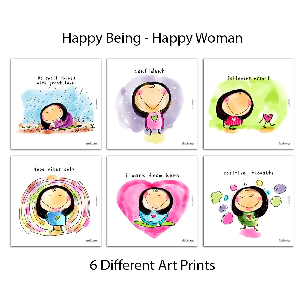 Happy Being - Happy Woman Wall Art & Table top Art frames Changeable Art frames with 6 Different Art Prints.