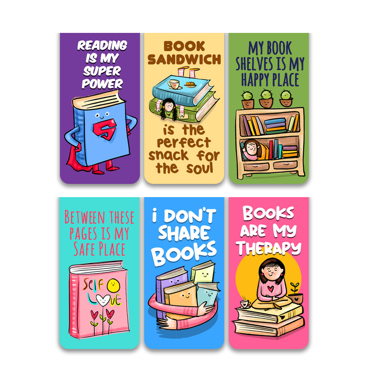 BOOK SOUL MATES Magnetic Bookmarks Pack of 6 Individual – Cute Doodle Page Markers