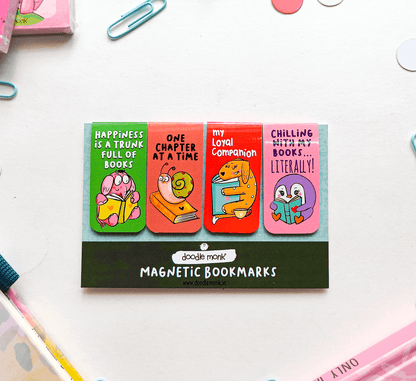 LOYAL READER Magnetic Bookmarks Pack of 4 Individual – Cute Doodle Page Markers