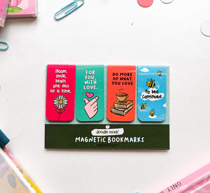 HAPPY PAGES Magnetic Bookmarks Pack of 4 Individual – Cute Doodle Page Markers