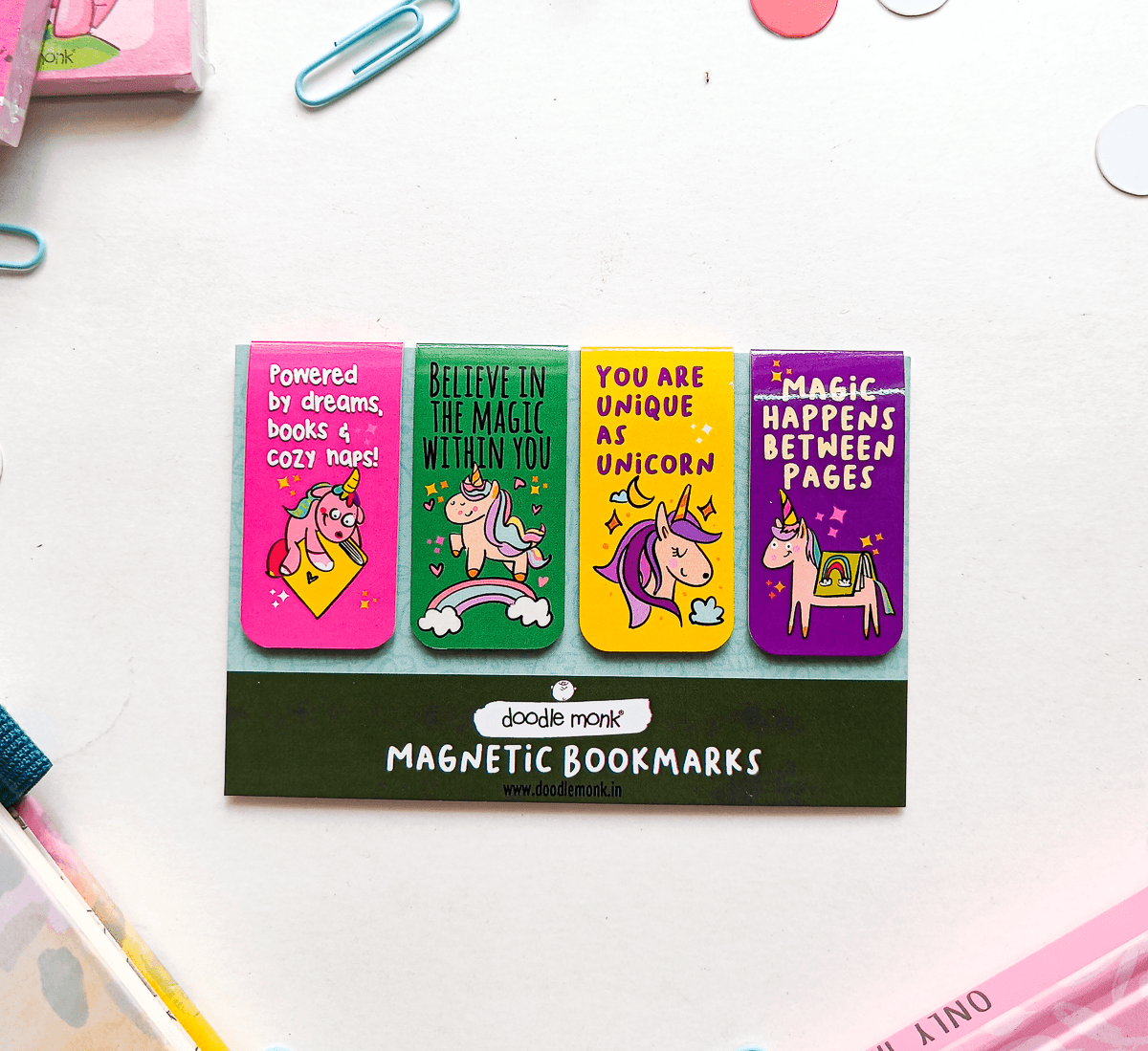 UNICORN READERS Magnetic Bookmarks Pack of 4 Individual – Cute Doodle Page Markers
