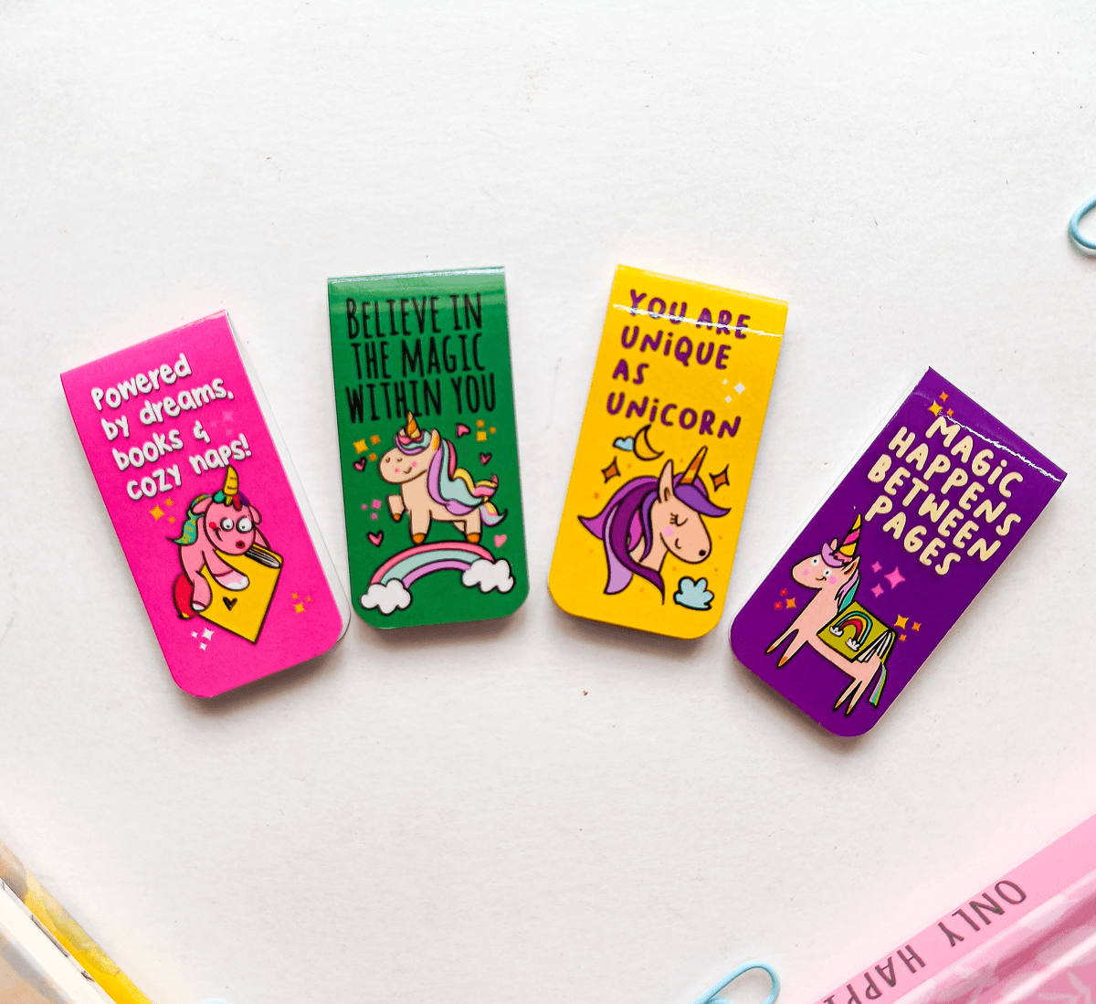 UNICORN READERS Magnetic Bookmarks Pack of 4 Individual – Cute Doodle Page Markers