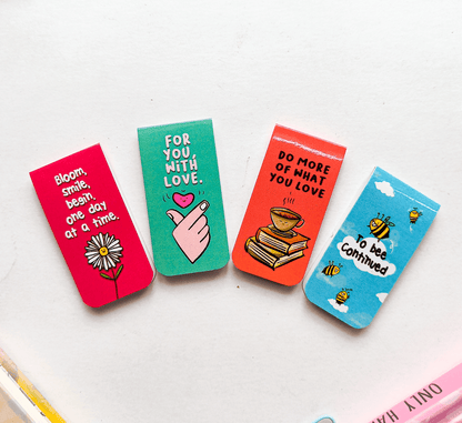 HAPPY PAGES Magnetic Bookmarks Pack of 4 Individual – Cute Doodle Page Markers