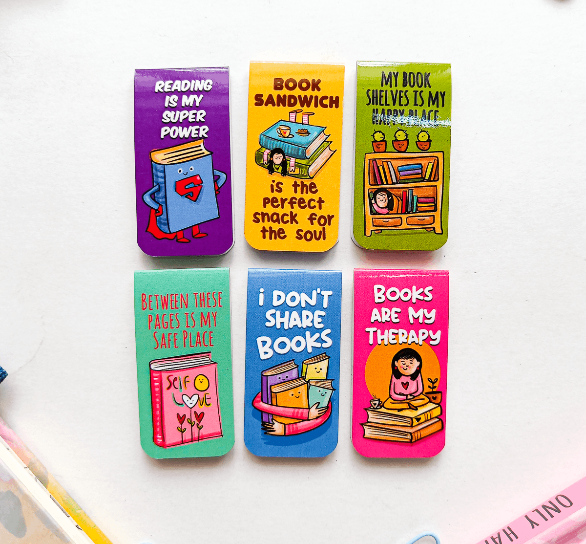 BOOK SOUL MATES Magnetic Bookmarks Pack of 6 Individual – Cute Doodle Page Markers
