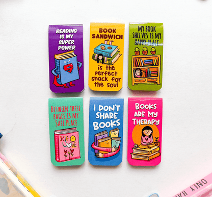 BOOK SOUL MATES Magnetic Bookmarks Pack of 6 Individual – Cute Doodle Page Markers