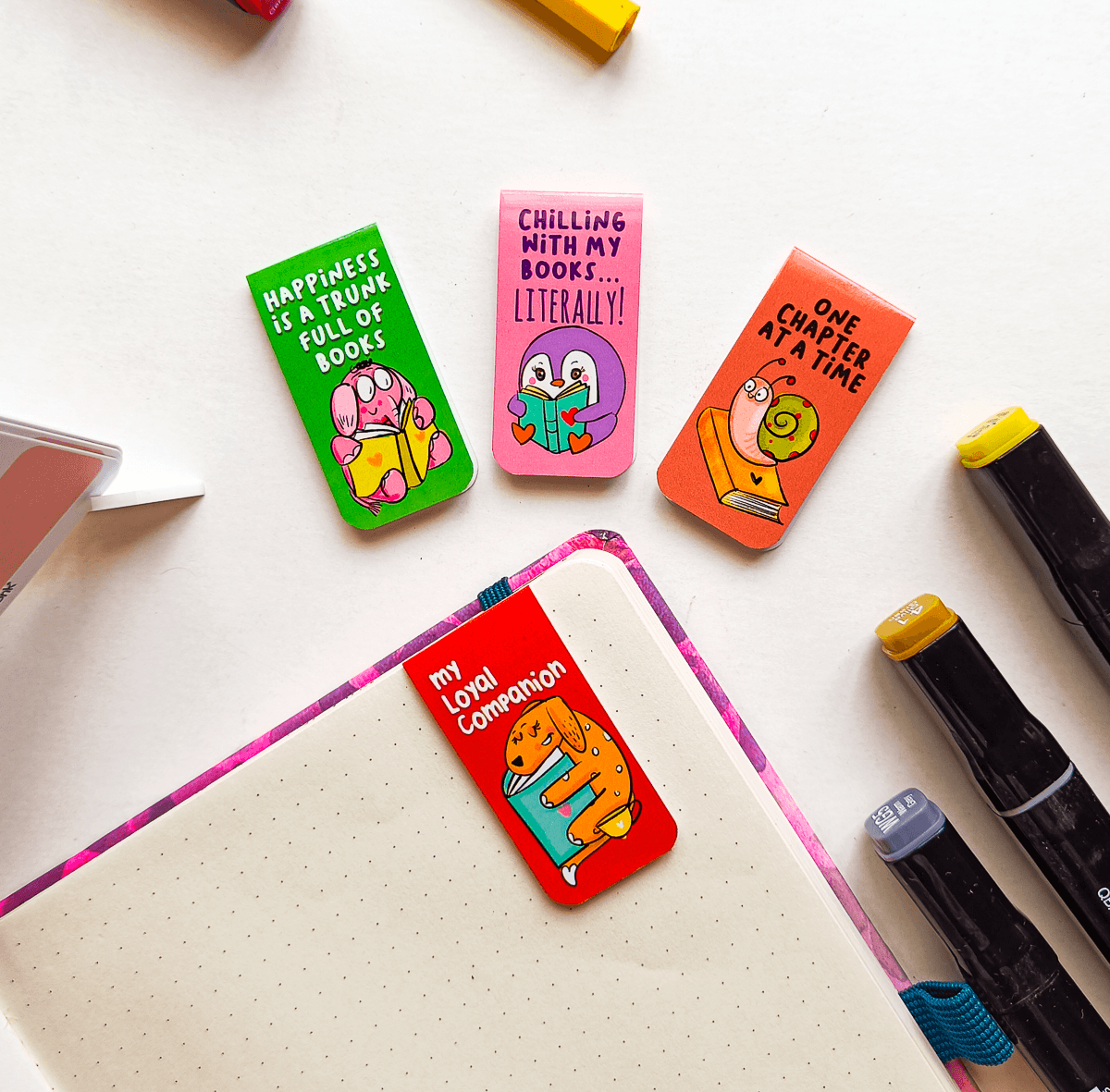 LOYAL READER Magnetic Bookmarks Pack of 4 Individual – Cute Doodle Page Markers