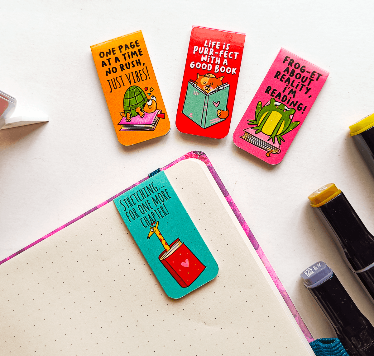 BOOK BUDDIES Magnetic Bookmarks Pack of 4 Individual – Cute Doodle Page Markers