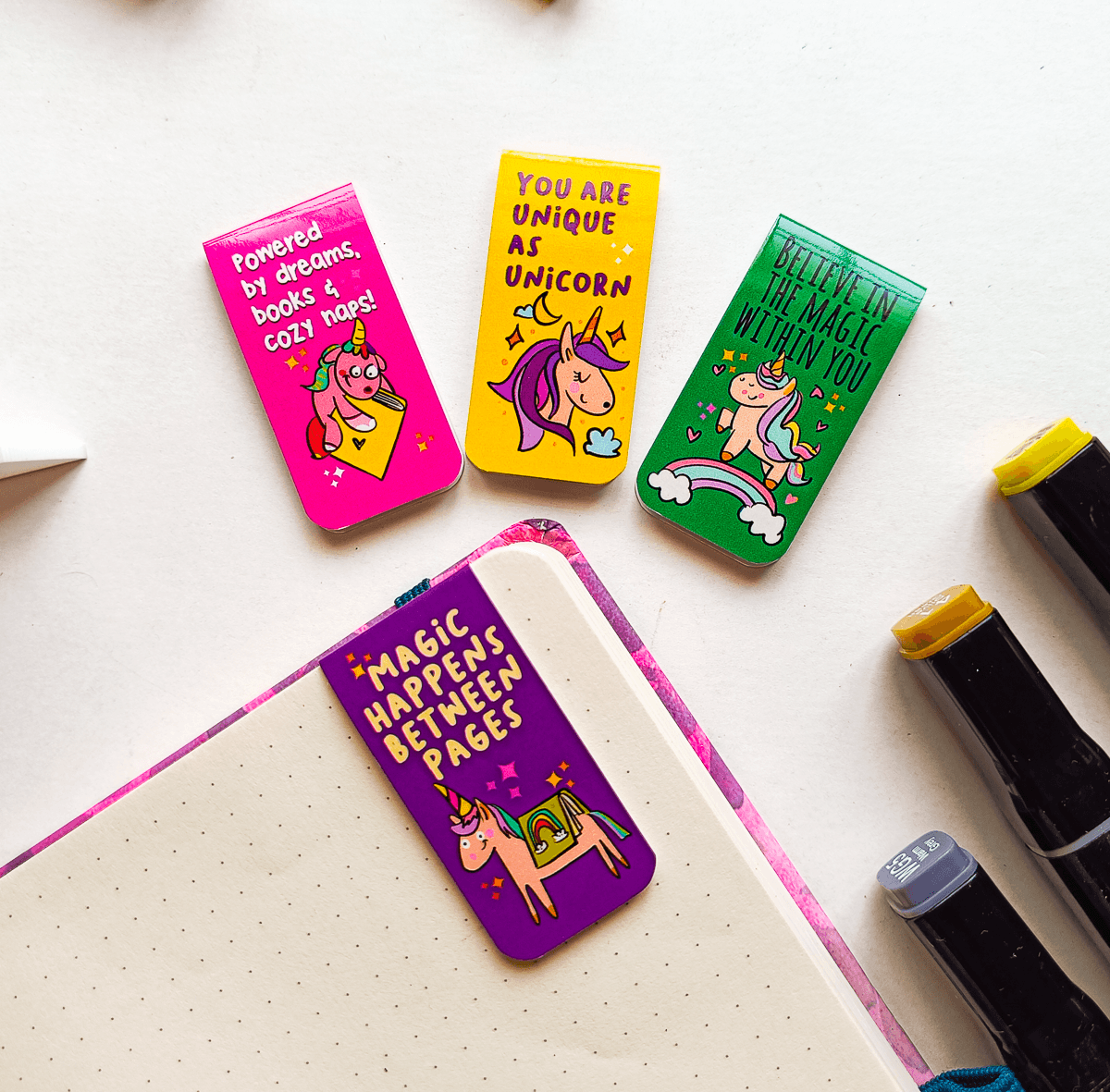 UNICORN READERS Magnetic Bookmarks Pack of 4 Individual – Cute Doodle Page Markers