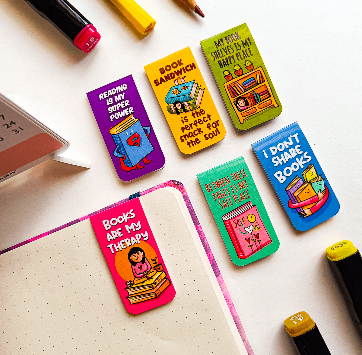 BOOK SOUL MATES Magnetic Bookmarks Pack of 6 Individual – Cute Doodle Page Markers